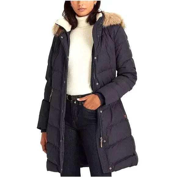 Lauren Ralph Lauren Dark Navy Long Puffer Coat Faux Fur Hood Women’s Medium NWT - Picture 9 of 10